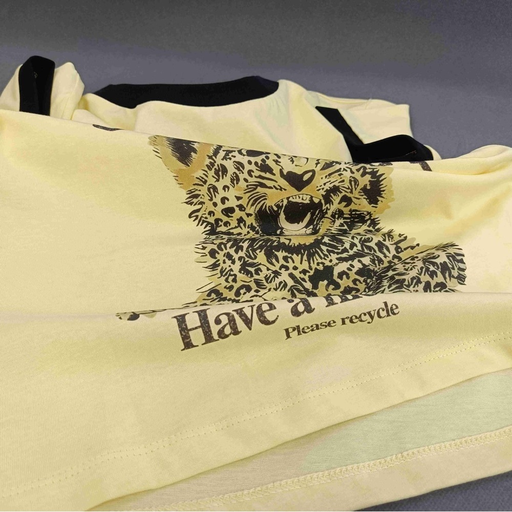 Ganni Yellow Tee with Black Trim and Leopard Graphic - Have a Nice Day - Picture 3 of 5